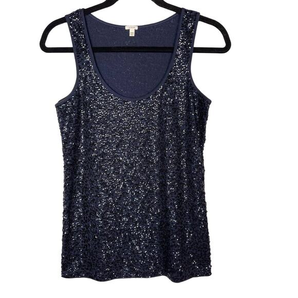 J Crew Womens XXS Navy Blue Sequin Scoop Neck Tank Top Cotton Blouse 2XS - Picture 1 of 9
